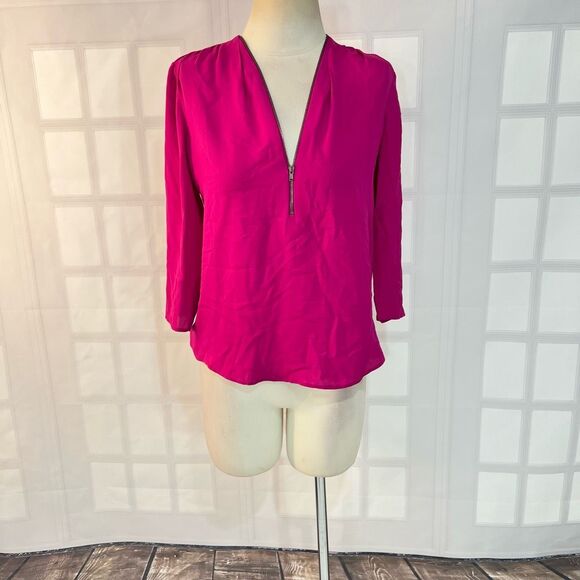 Theory 3/4 sleeve fuchsia hot pink silk zipper neckline blouse size petite - Picture 3 of 14